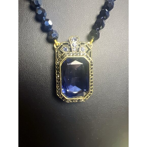 Vintage Style Gold & Blue-Blacl Crystal Necklace & Ring Set With Faceted Beads - - Picture 1 of 11